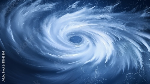 Artistic representation of a powerful cyclone from above with swirling clouds and lightning