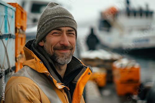 Smiling man in yellow jacket with a snowy harbor backdrop