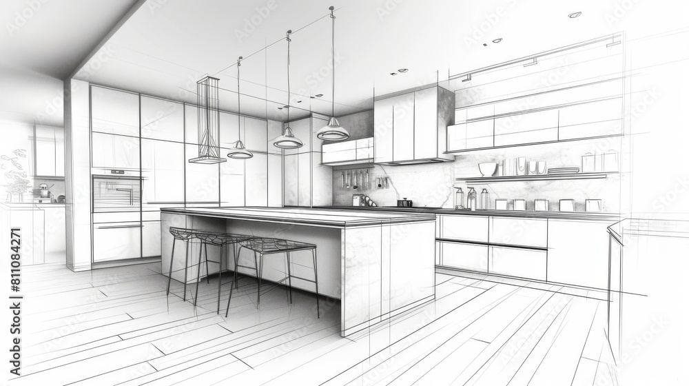 Hand sketch of Kitchen interior with sleek, modern furniture using black ink on a white background Hand sketch of Kitchen interior with sleek, modern furniture using black ink on a white background