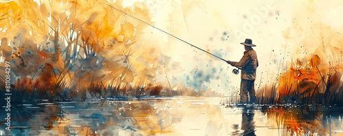 Fishing View in style of Watercolor, Natural Scene, Forest and Lake, Mountain and Rock Fishing photo