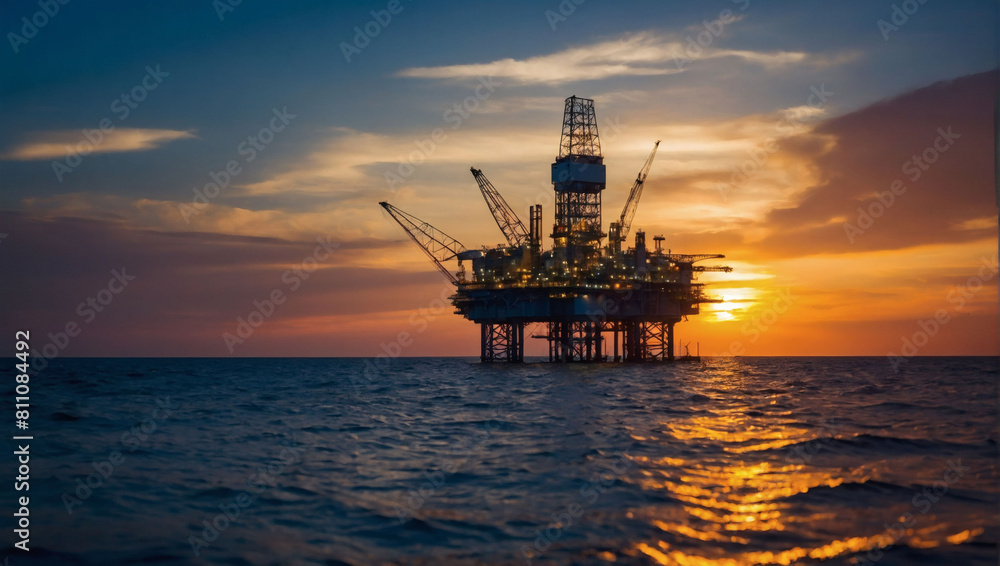 Sunset on the Horizon, Offshore Oil Rig Platform Amidst Production Process at Sea