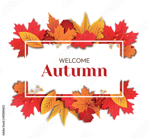Autumn seasonal rectangle frame isolated on white background. Colorful autumn frame with leaves for text. Autumn promo poster. Seasonal banner or greeting card for autumn. Vector stock
