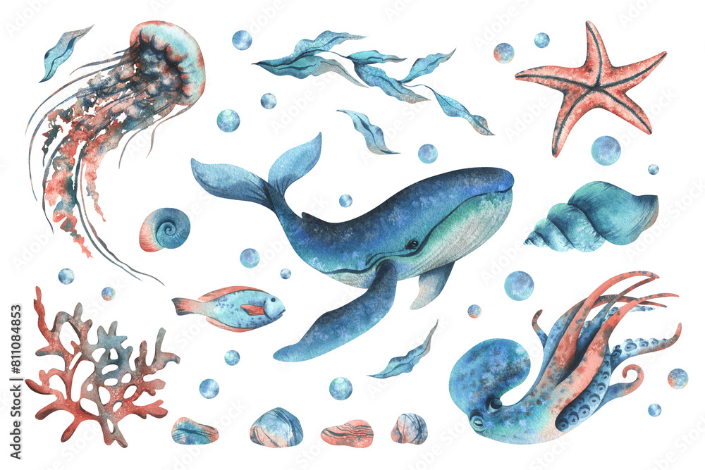 Fototapeta premium Octopus, whale, jellyfish, turtle, shells, starfish, fish, bubbles, other sea animals. Hand drawn watercolor illustration in turquoise, blue and coral colors. Set of elements isolated from background.