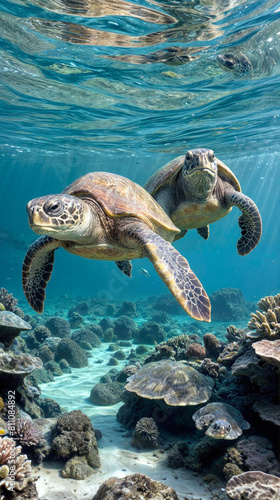 Vibrant underwater scene with two sea turtles near a coral reef, perfect for environmental and travel themes. underwater ecosystems, eco-tourism, summer holiday concept