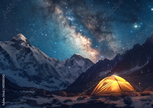 A glowing tent in the middle of a landscape under starry sky, with snowcapped mountains in background