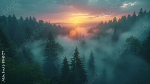 Ethereal forest landscape at sunrise with mist and a dramatic sky. Mountains  clouds and mist halfway up the mountain  forest on the left  sunrise 