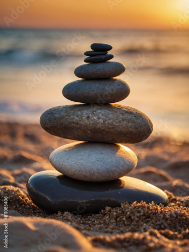 Sunset's embrace, a stack of Zen stones stands tall on the beach, amidst the tranquil golden hour.