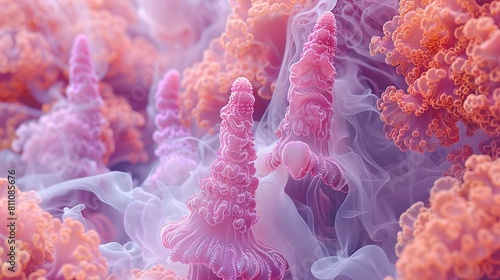   A close-up image of colorful sea anemones on a blue-pink backdrop