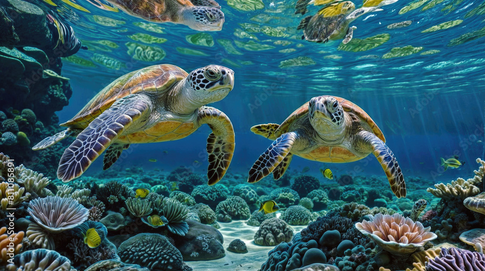 Obraz premium Vibrant underwater snapshot of sea turtles above a coral reef, ideal for themes on marine life and nature. underwater ecosystems, eco-tourism, summer holiday concept