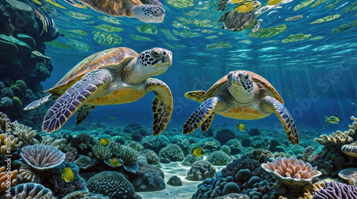 Vibrant underwater snapshot of sea turtles above a coral reef, ideal for themes on marine life and nature. underwater ecosystems, eco-tourism, summer holiday concept