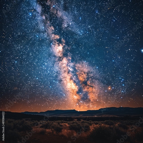 Photograph of a wide-angle shot of a starry night sky, with the majestic Milky Way stretching across the horizon