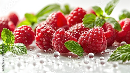   Raspberry close-up on white surface with water droplets