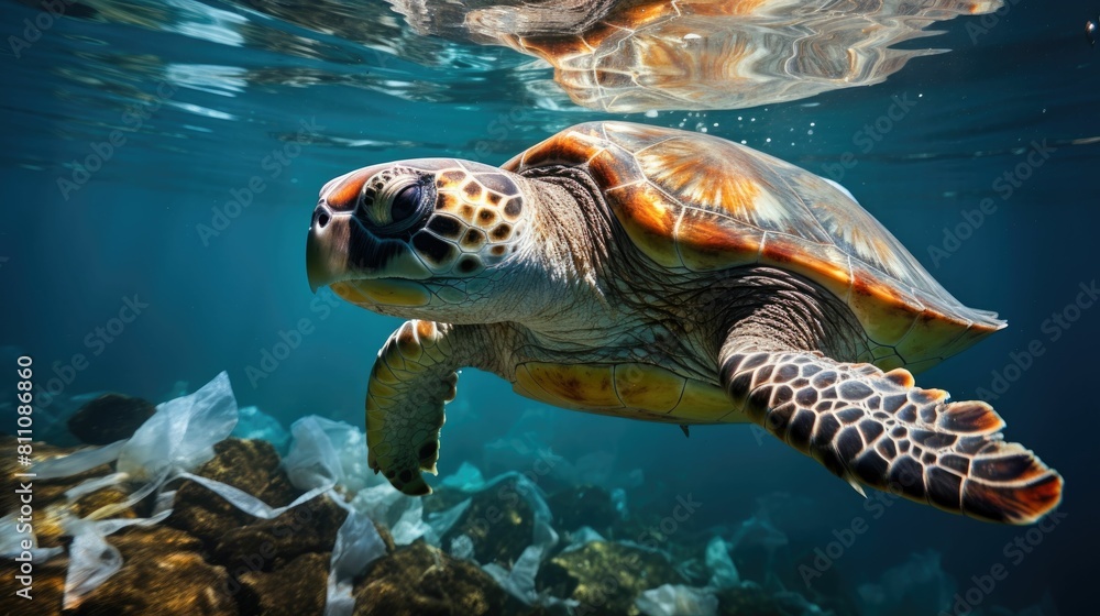 A powerful image of a sea turtle swimming through clear waters littered with plastic waste, emphasizing the urgent need for ocean pollution control.
A powerful image of a sea turtle swimming through clear waters littered with plastic waste, emphasizing the urgent need for ocean pollution control.
