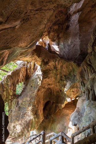 Beautiful rock formations inside the tall and scenic Khao Khanampnam (Khanap/Khanab Nam) Cave in Krabi Town, Thailand on a sunny day. photo