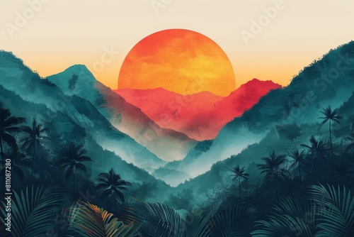 Art mountains  big sun and palm branches in watercolor style