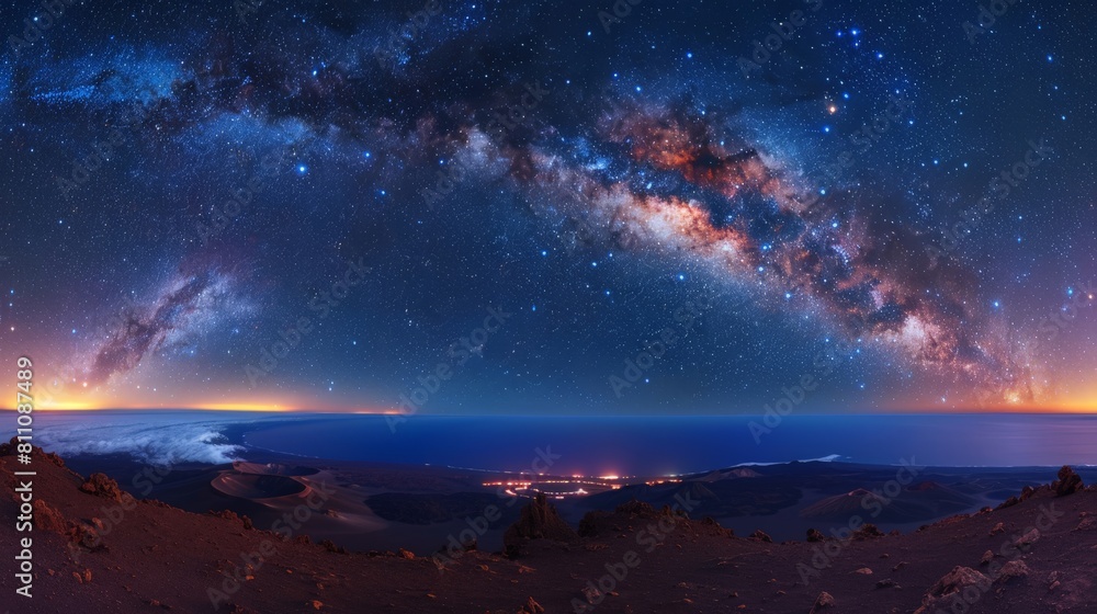 Photograph of a wide-angle shot of a starry night sky, with the majestic Milky Way stretching across the horizon