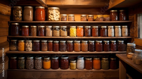 Assortment of canned preserves: fruit jam, compote, tomato paste and vegetable cans in the pantry on rustic wooden shelves, closeup, canned produce concept photo