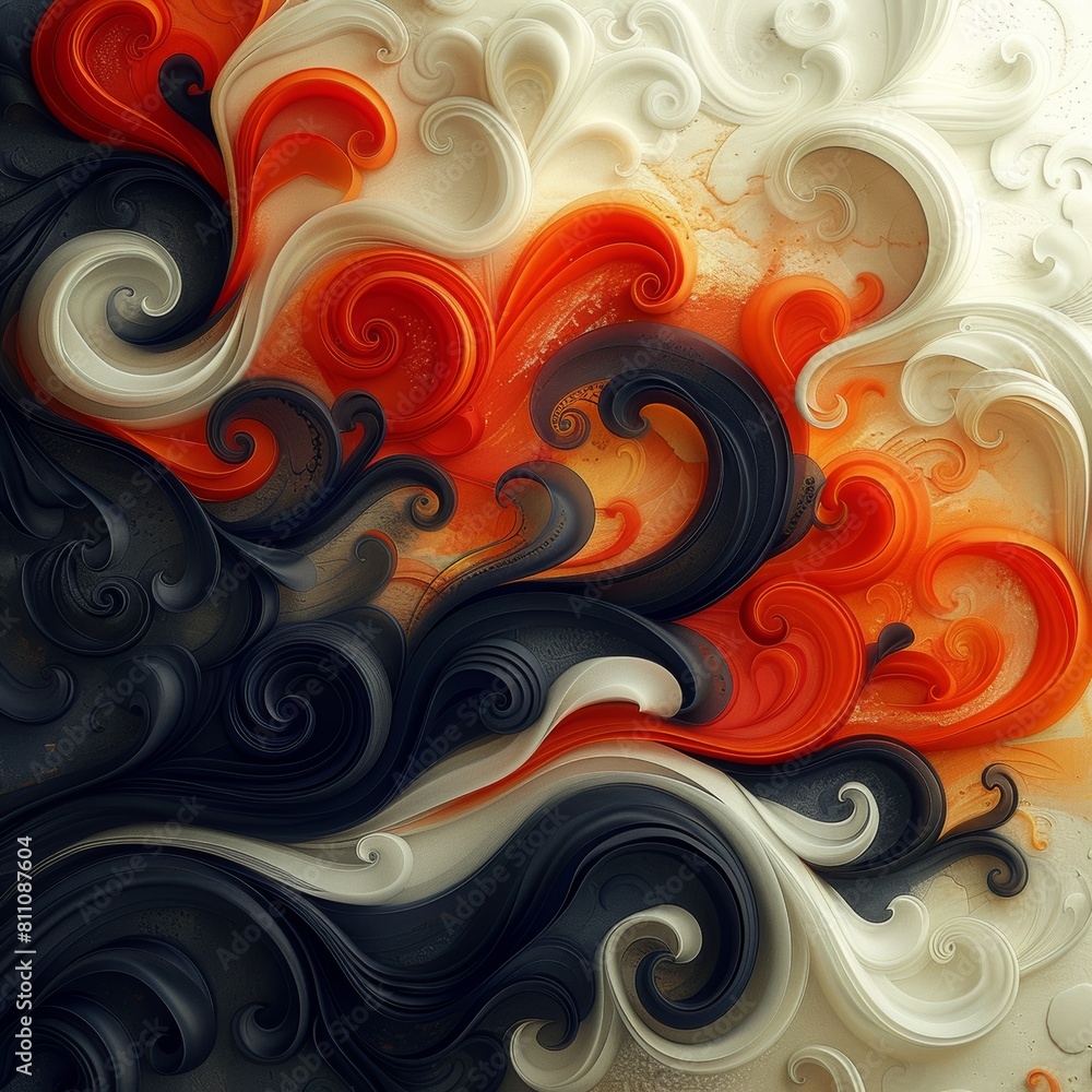 The image is a colorful abstract painting with a wave pattern. The colors are red, orange, yellow, white, and black. The painting has a modern and contemporary look and feel. The image is a colorful abstract painting with a wave pattern. The colors are red, orange, yellow, white, and black. The painting has a modern and contemporary look and feel.