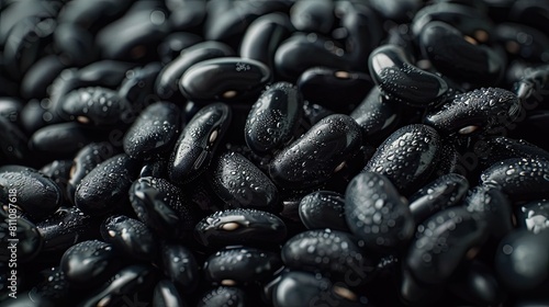 Close up of black beans with water drops. Selective focus.