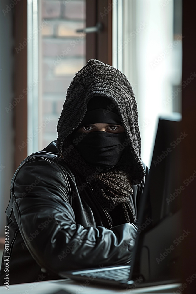 Mysterious figure in a hoodie and mask using a laptop in a dimly lit room, evoking a sense of secrecy and intrigue - AI generated Mysterious figure in a hoodie and mask using a laptop in a dimly lit room, evoking a sense of secrecy and intrigue - AI generated