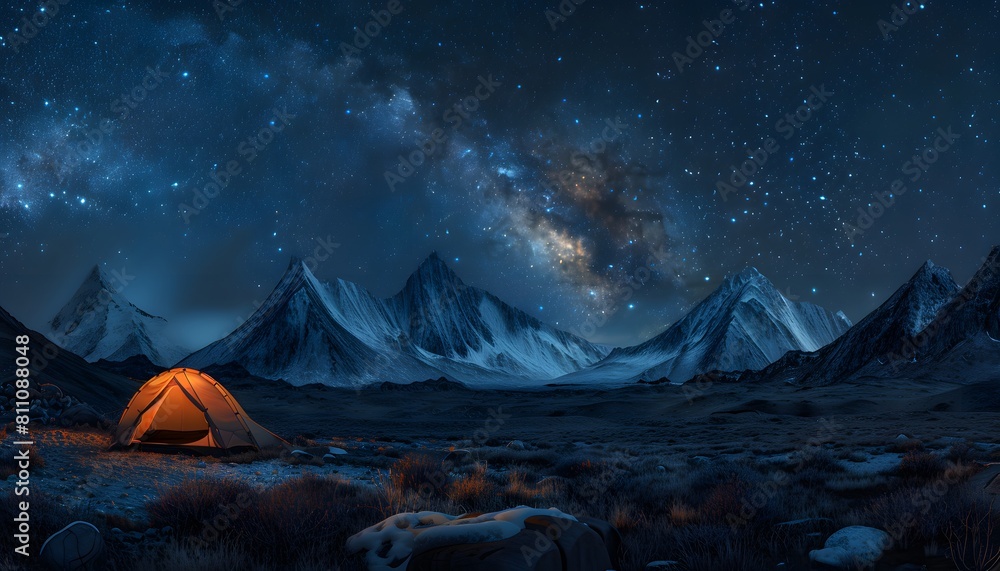 A glowing tent in the middle of a landscape under starry sky, with snowcapped mountains in background