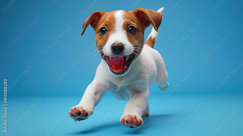 An adorable dog full of infectious joy on a blue background. An adorable dog full of infectious joy on a blue background.