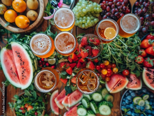 Top view: summer beer and watermelon, barbecue, party. Overlooking cozy happy summer gathering with friends enjoying beer and fruit platter in the bar. Summer party concept,Summer Beer and Watermelon 