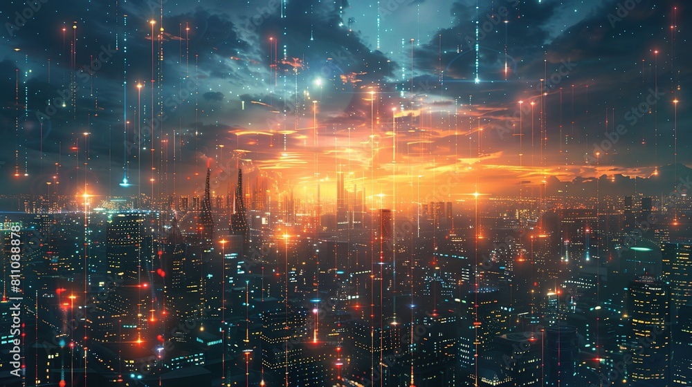 Fototapeta premium Digital network connections and futuristic cityscape blending seamlessly to depict the integration of technology