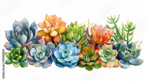 Succulent plants. Echeveria, Sempervivum, Graptopetalum, Sedum, Kalanchoe. Isolated on white background. Watercolor hand drawn illustration. photo
