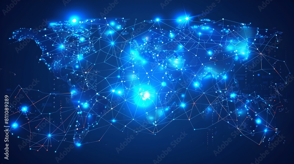 Digital World Map Design with Glowing Nodes and Connecting Lines. Conceptual Network Connections, Global Communication, Technology Theme Image. AI Digital World Map Design with Glowing Nodes and Connecting Lines. Conceptual Network Connections, Global Communication, Technology Theme Image. AI