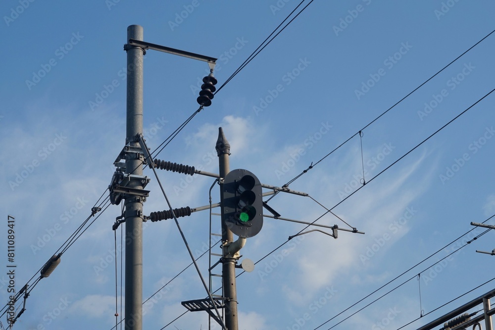 Railway traffic lights. Japan railway crossing and blue sky. Railway traffic lights, green color, allows movement Railway traffic lights. Japan railway crossing and blue sky. Railway traffic lights, green color, allows movement