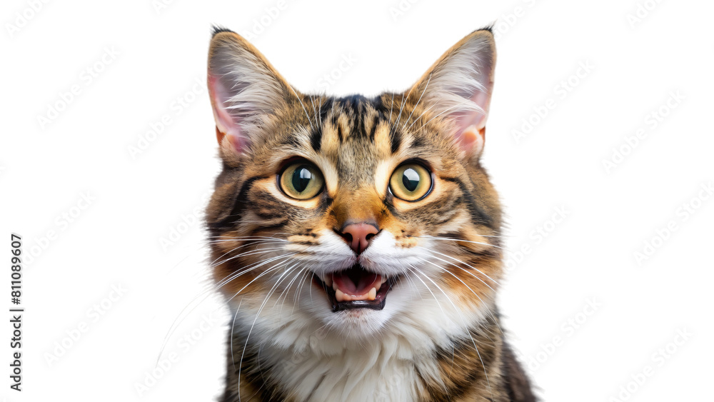 Fototapeta premium Adorable cat with short fur sits regally isolated on white background