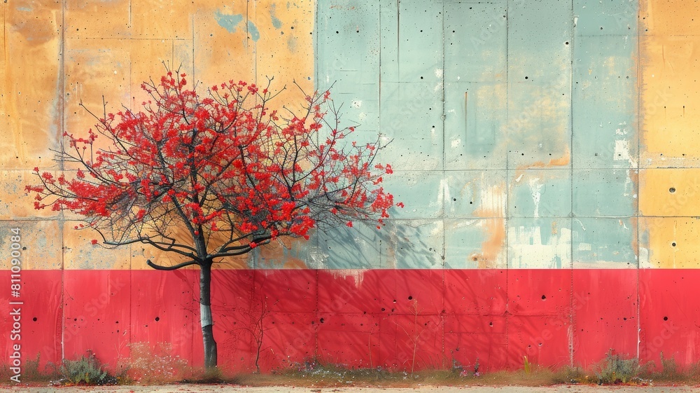© admin_design - The image is a minimal art piece featuring a single tree in front of a colorful background