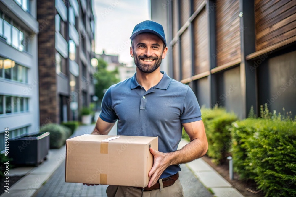 arafed delivery man holding abox and smiling arafed delivery man holding abox and smiling