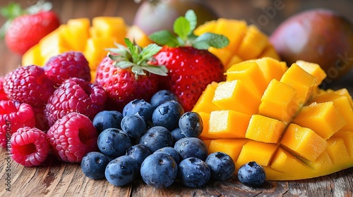   A fruit-filled wooden table boasts a vibrant array of blueberries, raspberries, and mangoes