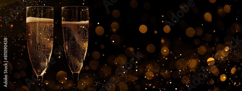 Raise a Glass to Festive Moments with Champagne and Glittering Gold Bokeh. Sparkling Wine Glasses Amidst Delicate Gold Bokeh Lights. Horizontal Layout for Celebration Themes and Invitations.