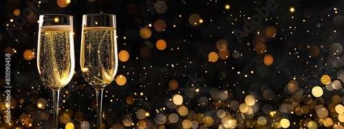 Toast to Festive Moments with Champagne and Glittering Gold Bokeh Backdrop. Sparkling Wine Glasses Against Luminous Gold Bokeh. Horizontal Background for Celebrations and Invitations.