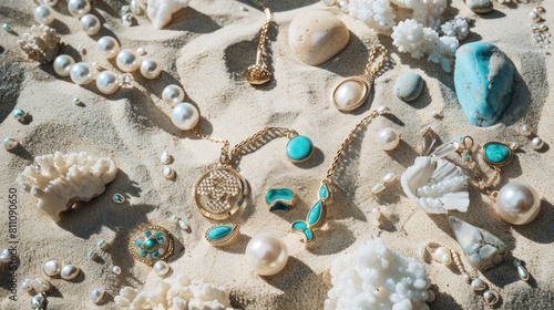 In this artistic landscape, a necklace lies on a circle of sand, adorned with seashells and pearls. The wind creates aeolian landforms, adding a fun touch to the scene AIG50