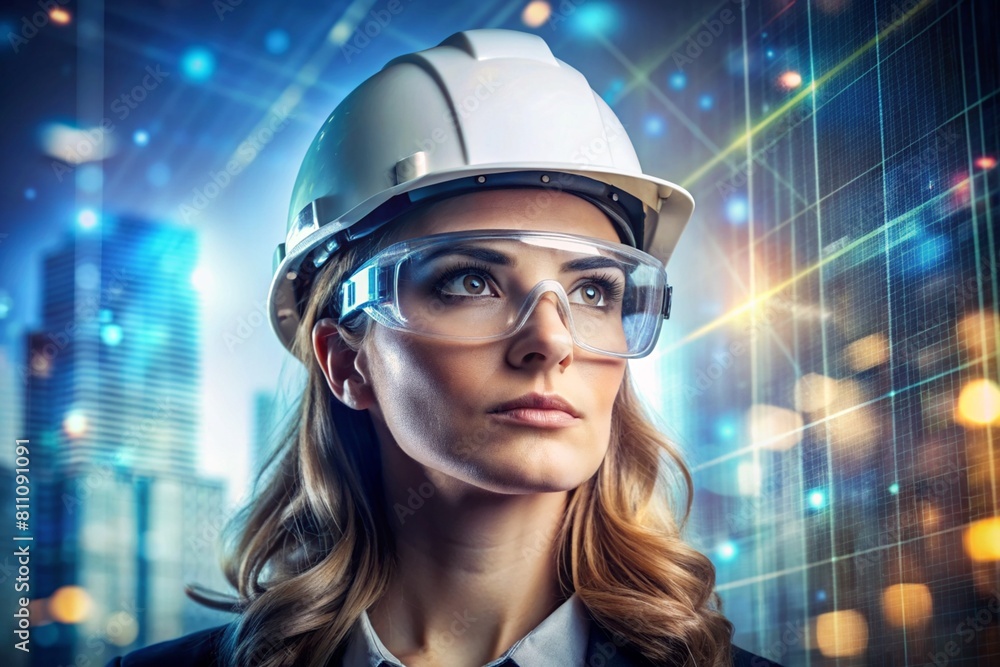 Woman in hard hat and safety glasses gazes to the side,Female worker in hard hat and safety glasses glances sideways,Woman wearing protective gear looks off to the side Woman in hard hat and safety glasses gazes to the side,Female worker in hard hat and safety glasses glances sideways,Woman wearing protective gear looks off to the side