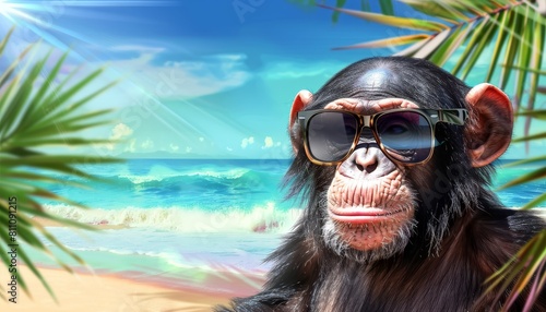 A monkey wearing sunglasses and glasses is standing in front of a beach by AI generated image photo