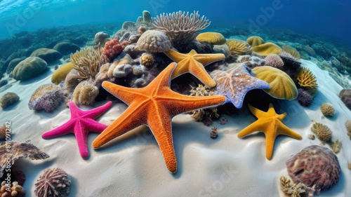 Colorful starfish and corals in a vibrant underwater seascape, ideal for environmental and educational content. underwater ecosystems, eco-tourism, summer holiday concept