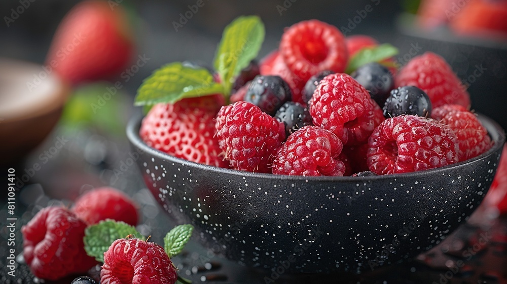 A close-up of a bowl of raspberries and blueberries on a table with other raspberries A close-up of a bowl of raspberries and blueberries on a table with other raspberries