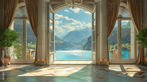 living room of a beautiful mansion with views of the lake and mountains during the day in spring or summer in high resolution