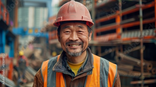  asian construction Site Worker, Front, Smiling