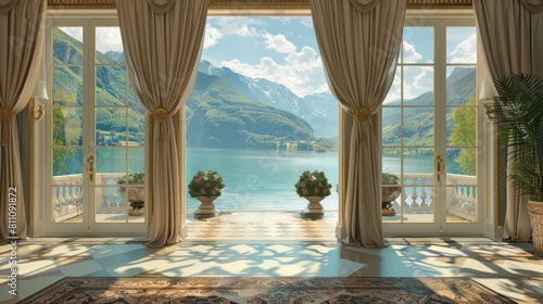 living room of a beautiful mansion with views of the lake and mountains during the day in spring or summer in high resolution and quality
