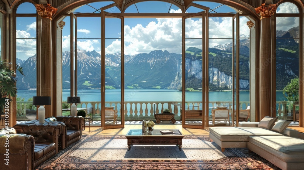 living room of a beautiful mansion with views of the lake and mountains during the day in spring or summer in high resolution and high quality living room of a beautiful mansion with views of the lake and mountains during the day in spring or summer in high resolution and high quality