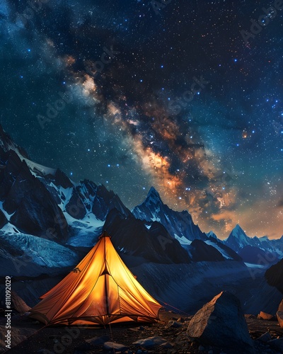 A glowing tent in the middle of a landscape under starry sky, with snowcapped mountains in background