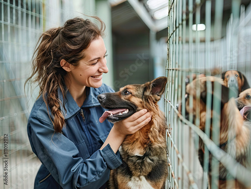 volunteer at animal shelter petting rescued dogs photo
