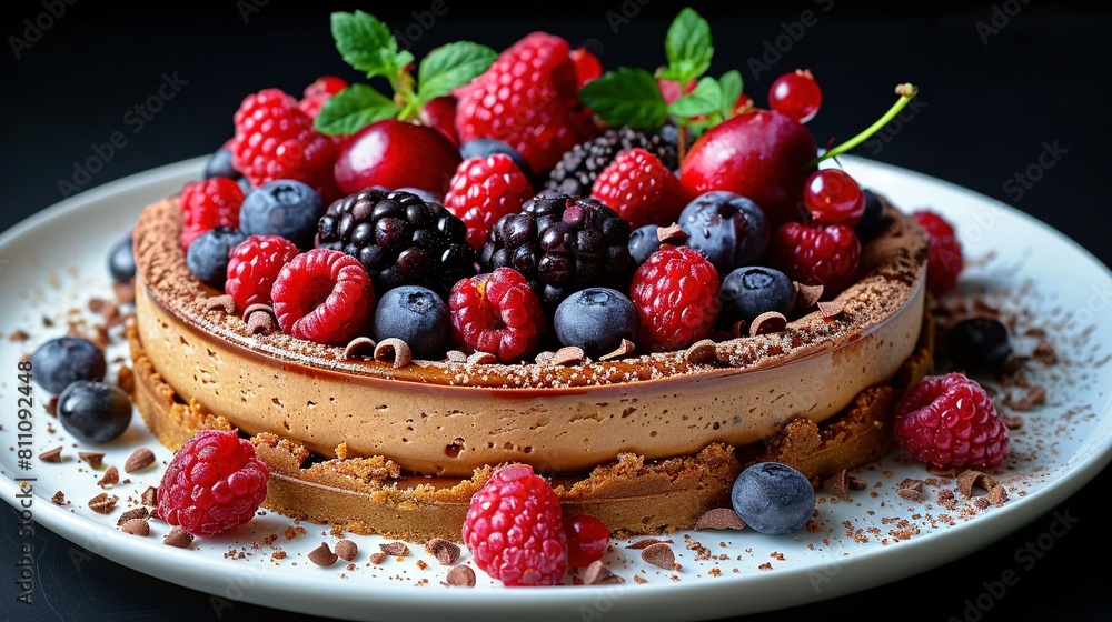 A white plate holds a chocolate-frosted cake adorned with fresh berries and raspberries, topped with chocolate sprinkles A white plate holds a chocolate-frosted cake adorned with fresh berries and raspberries, topped with chocolate sprinkles