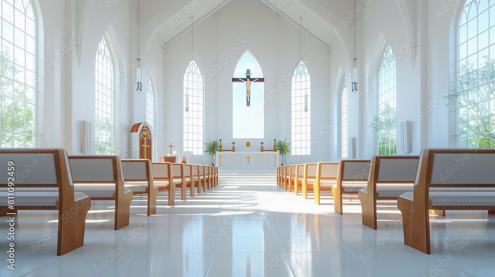 Beautiful Catholic church interior, seating for Catholic worshipers, Catholic church altar. Generative AI.
